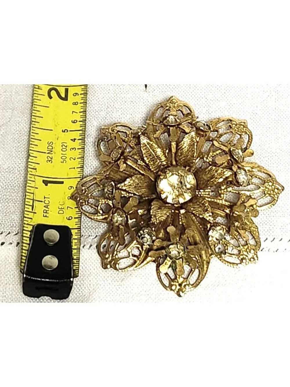 Vintage Gold Tone Multi-Layered Filigree Brooch Rhinestone Accents Sparkling Rom